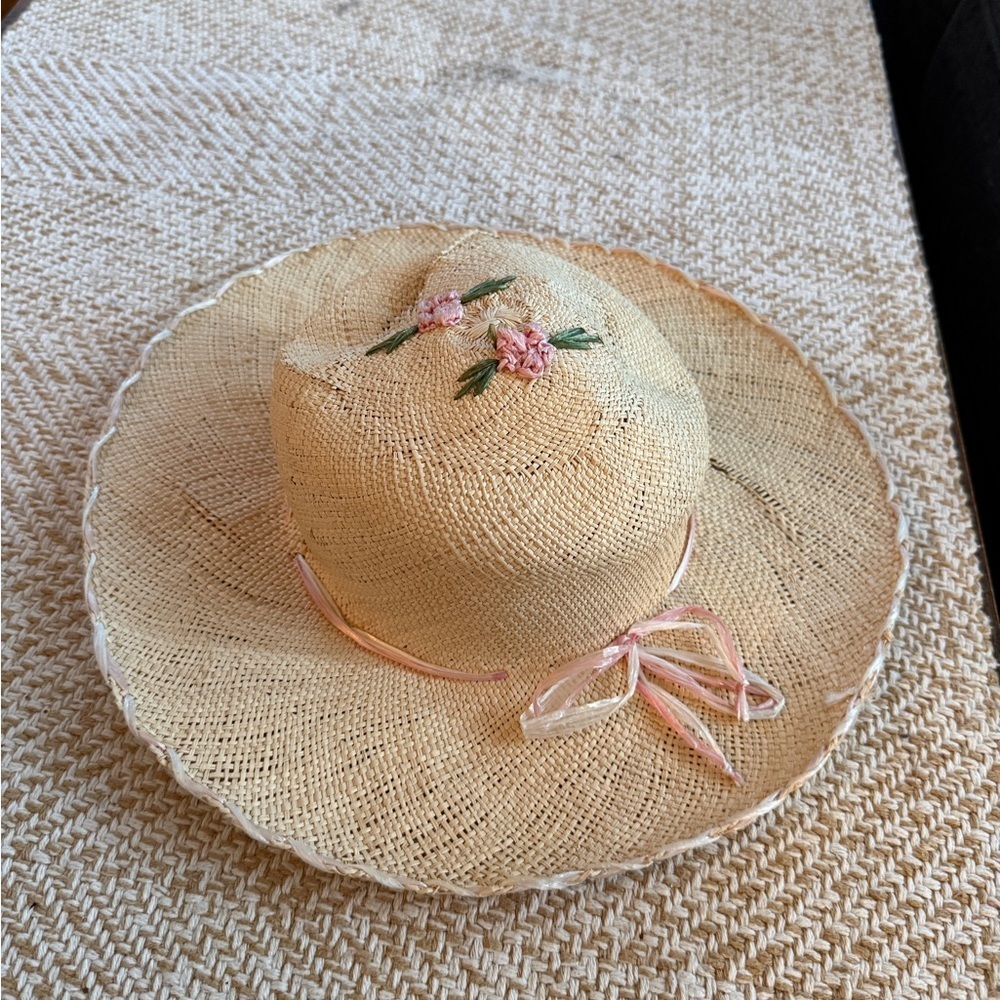 Adorable Tan Sun Hat with Pink Floral Accents